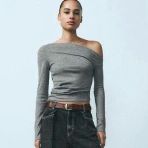 Zara Gray Asymmetrical Shirred Top